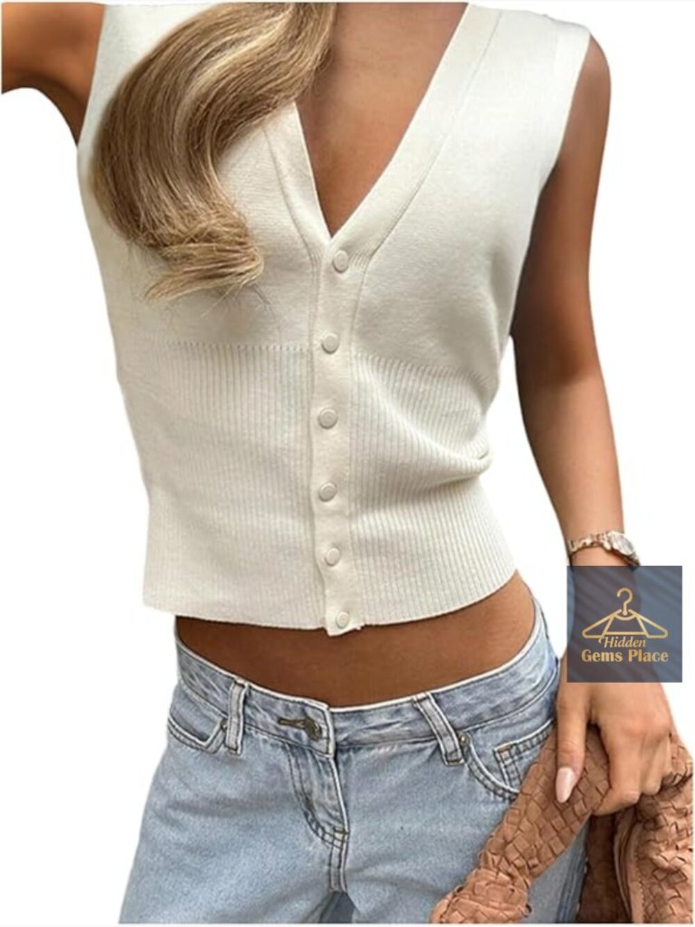 Cropped Button Up Sweater Vest V Neck Cardigan Sleeveless Knit Tank Tops Dressy